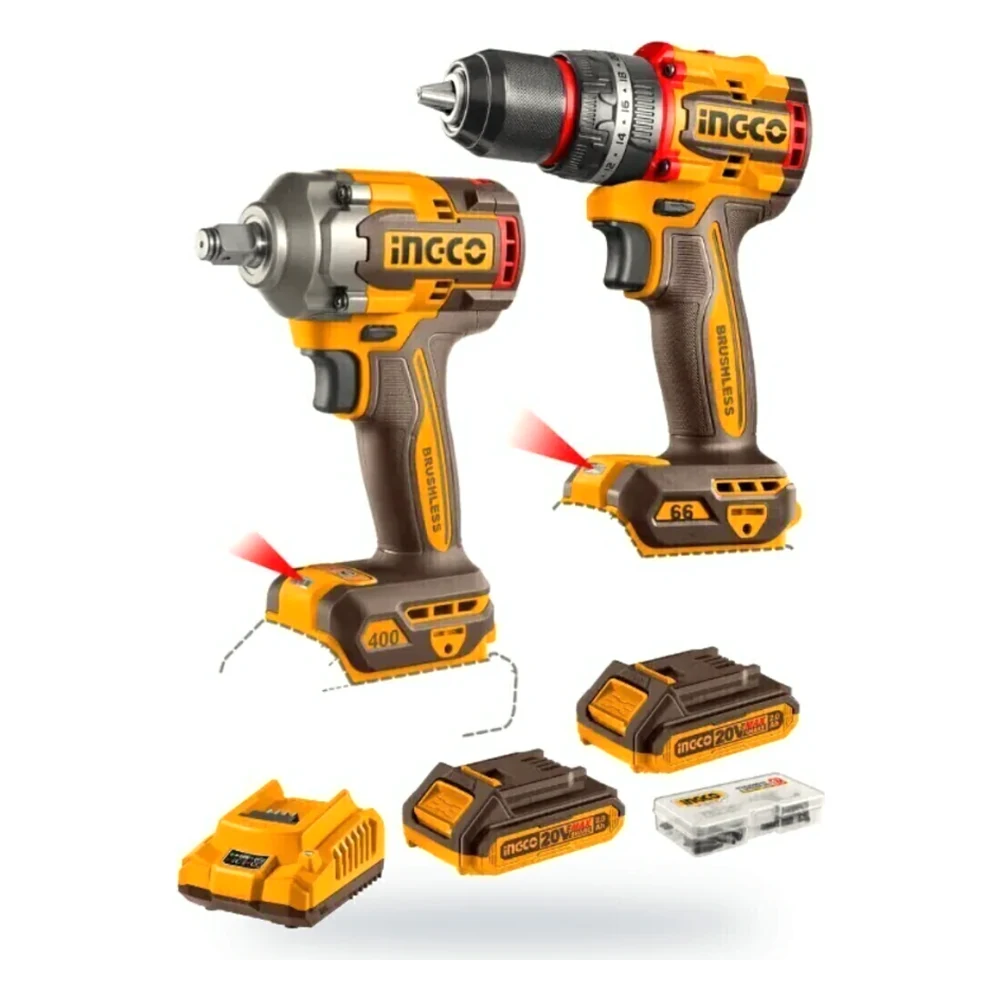 Combo 20V Taladro Percutor 66 Nm + Llave de Impacto 400 Nm Brushless INGCO CKLI20275
